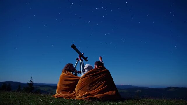 Family gazing at starlit sky through telescope, wrapped in blanket, mountain view