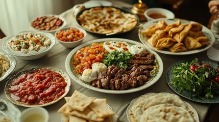 A bountiful spread of traditional Eid morning breakfast delicacies featuring an array of savory and flavorful dishes artfully arranged on a homey table setting