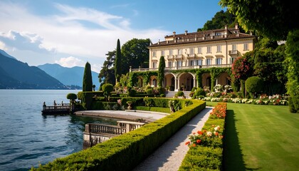 Fototapeta premium Luxurious lakefront villa with manicured gardens