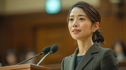 A young, articulate Japanese woman in a dark professional suit speaks passionately at a podium. Her focused expression suggests she is a rising leader or professional making a compelling case