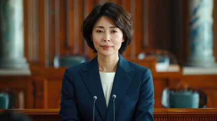 A poised and authoritative Japanese woman in a sharp navy blue suit addresses an assembly from a podium. Her direct gaze and formal setting suggest a high-ranking politician or official