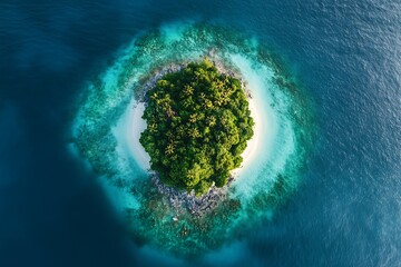Aerial view of a tropical island with palm trees, white sand beach and turquoise water
