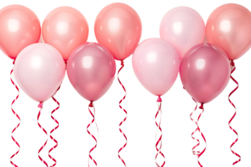 A collection of pink balloons with ribbons floating in the air for a festive celebration decor