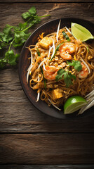 A close up of pad thai with shrimp tofu lime and peanuts on a dark plate on a wooden table top view