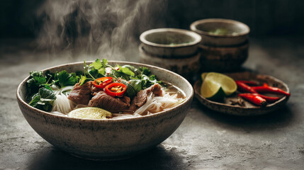 A bowl of pho with steam rising, garnished with herbs, chili peppers, and lime wedges on a table