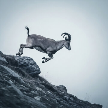 bharal leaping across a rocky slope