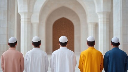 Group of men dressed in traditional Islamic clothing performing prayers together in the ornate archways and domed interior of a mosque