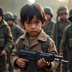A child holding a toy gun among real weapons, symbolizing child soldiers