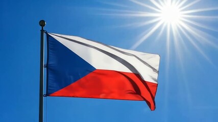 Czech Republic Flag in Motion Against Clear Sky with Radiant Sun in Background