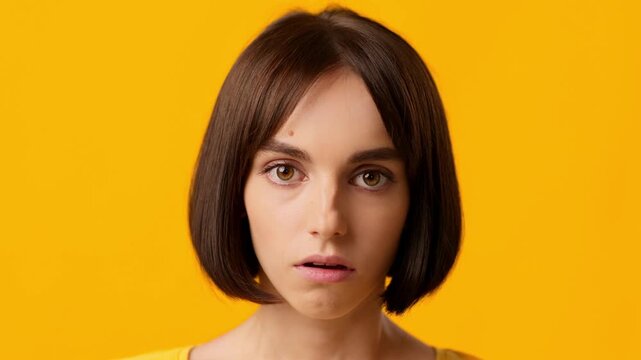 A young brunette woman with a bob haircut looks directly at the camera. She has an expressionless face, and is set against a vibrant yellow background, creating a striking visual contrast.