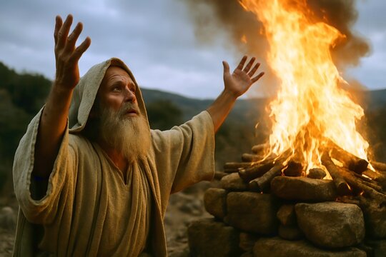 Prophet Elijah praying to God on Mount Carmel with burning altar