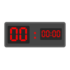 Digital clock displaying zero hours and zero minutes in red against a gray background.
