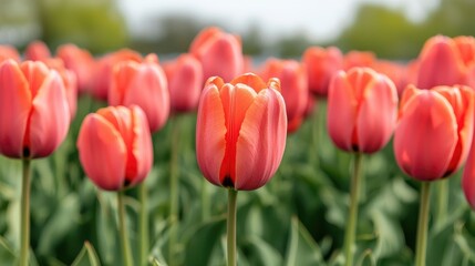 Breathtaking image showcasing a picturesque spring landscape with a vibrant tulip field in full bloom creating a visually stunning and serene natural scenery
