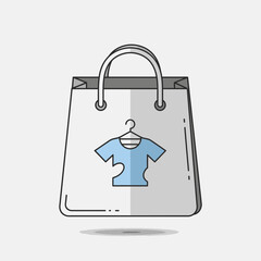 A shopping bag illustration featuring a blue shirt on a hanger inside.