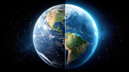 Fototapeta premium The concept of net zero carbon impact. A split Earth showing the contrast between night and day over the Americas with a glowing blue atmosphere set against a starry space background.