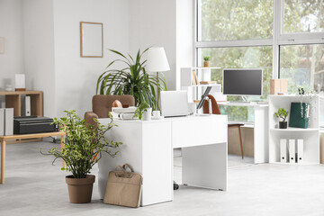 Interior of light office with desks, shelf units and plants
