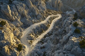 Winding Mountain Road Through Rocky Terrain Aerial View Landscape Scene