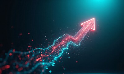 A glowing red arrow ascends, composed of particles, against a dark background with teal accents.  The arrow signifies growth and progress.