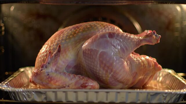 Uncooked turkey in oven roasting in a foil pan on blurred background to prepare for festive celebrations