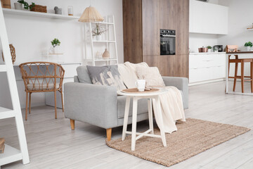 Interior of light room with grey couch, tables and kitchen counters