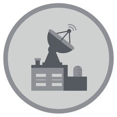 Illustration of a satellite dish atop a building within a circular frame.
