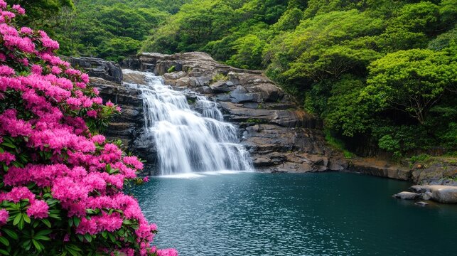 Vibrant springtime landscape featuring a cascading waterfall nestled amidst a lush verdant forest  The crystal clear waters flow over rocky terrain creating a serene and picturesque natural scene