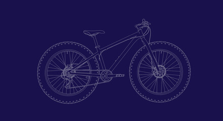 Detailed blueprint illustration of a mountain bike, showcasing its components and design.