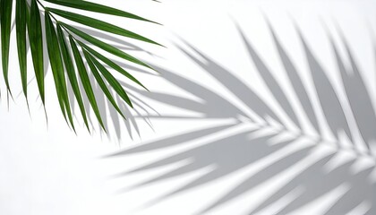 Obraz premium Tropical palm leaf casts dynamic shadows on a clean white background, creating a minimalist and serene natural aesthetic. Ideal for summer designs and product displays.
