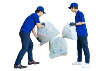 ゴミ袋を回収する男女作業員グループの後ろ姿　手作業で精密に切り抜いた背景透過全身写真PNG