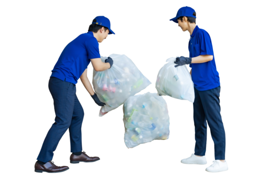 ゴミ袋を回収する男女作業員グループの後ろ姿　手作業で精密に切り抜いた背景透過全身写真PNG