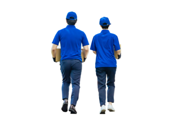 荷物を運ぶ男女作業員グループの後ろ姿　手作業で精密に切り抜いた背景透過全身写真PNG