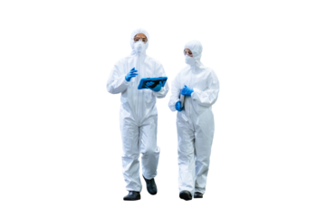 防塵服を着た男女作業員　手作業で精密に切り抜いた背景透過全身写真PNG