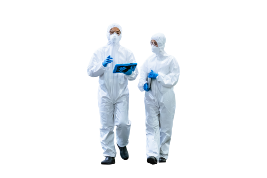 防塵服を着た男女作業員　手作業で精密に切り抜いた背景透過全身写真PNG