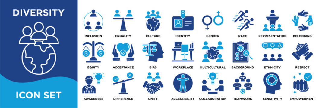 DIVERSITY  icon collection set. Containing inclusion,equality,culture,identity,gender,race,representation,belonging,equity,acceptance icon. dual tone vector.