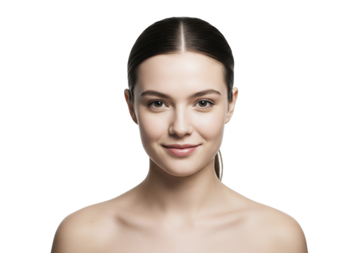 Studio portrait of a young woman with natural, radiant skin and a subtle smile