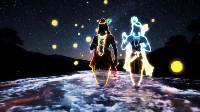 Two glowing figures resembling Hindu deities Krishna and Balarama walk along a shimmering, watery path under a starry night sky.