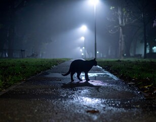 A black cat walks along a wet, misty park path at night, silhouetted by bright streetlights. Mysterious and atmospheric urban scene.