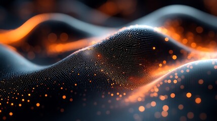 Abstract design with glowing particles forming undulating shapes.