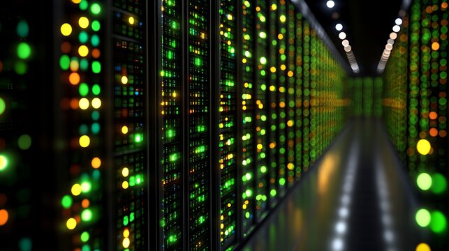 Illuminated server racks in a data center.