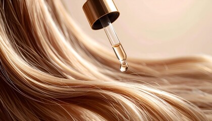 Hair care serum dropping onto healthy blonde hair. Perfect for beauty and cosmetic promotions, showing hydration, nourishment, and shine.