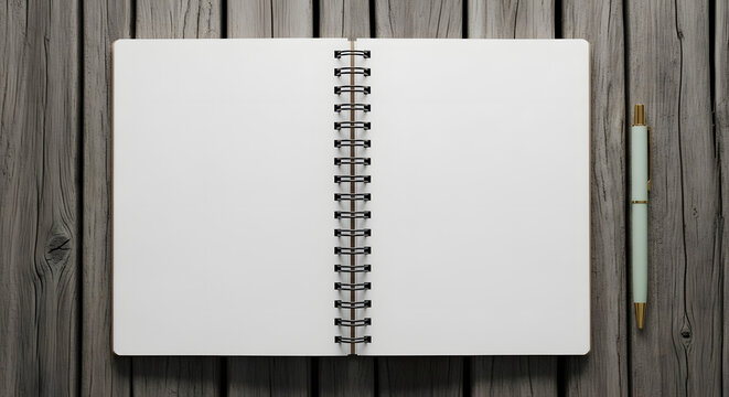 An open blank notebook with a spiral binding lies next to a light blue pen on a