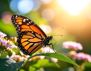 Fototapeta premium Vibrant monarch butterfly resting on a green leaf at sunset, showcasing its intricate orange and black wings. Soft bokeh background with glowing sunlight creates a tranquil scene.