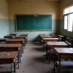 An abandoned classroom with empty desks and broken chalkboards, representing lack of access to education
