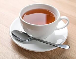 A soothing cup of warm amber tea in a white ceramic mug on a pristine saucer with a metallic spoon, resting on a light wooden table.