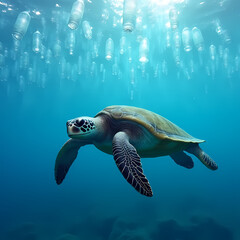Dozens of plastic water bottles floating in the ocean near a turtle, focusing on marine pollution