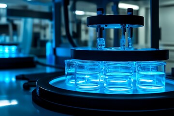 Automated lab equipment for scientific research and analysis with beakers and probes