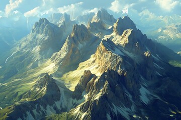 Aerial View of Majestic Rocky Mountain Peaks with Patches of Snow