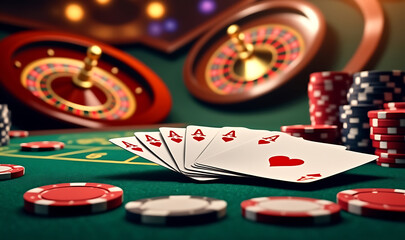 Casino table with roulette wheels playing cards and poker chips