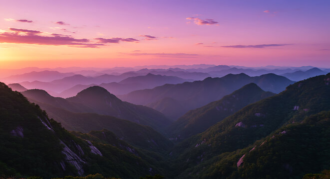 Mountain Range Sunset with Purple Sky, Evoking Mystery