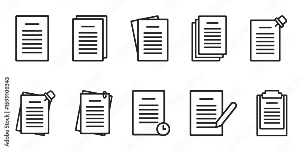 Aufkleber document icon set. paper symbol with single and multiple page. symbol collection. document line icon